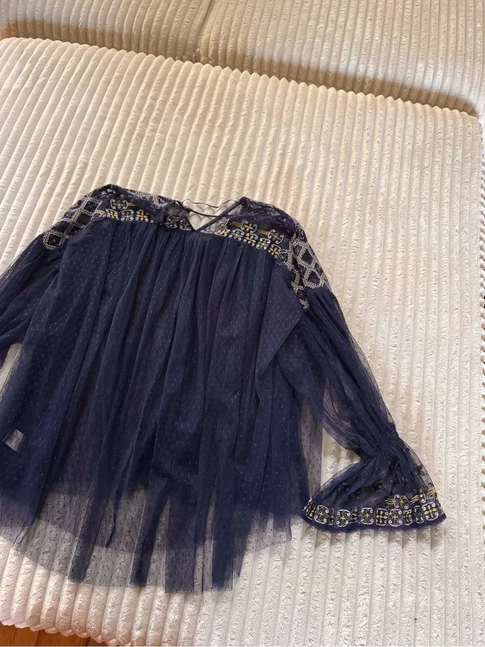 MSRP $148 FREE PEOPLE WOMEN'S NAVY BLUE EMBROIDERED MESH JOYRIDE SHEER TOP Sz S